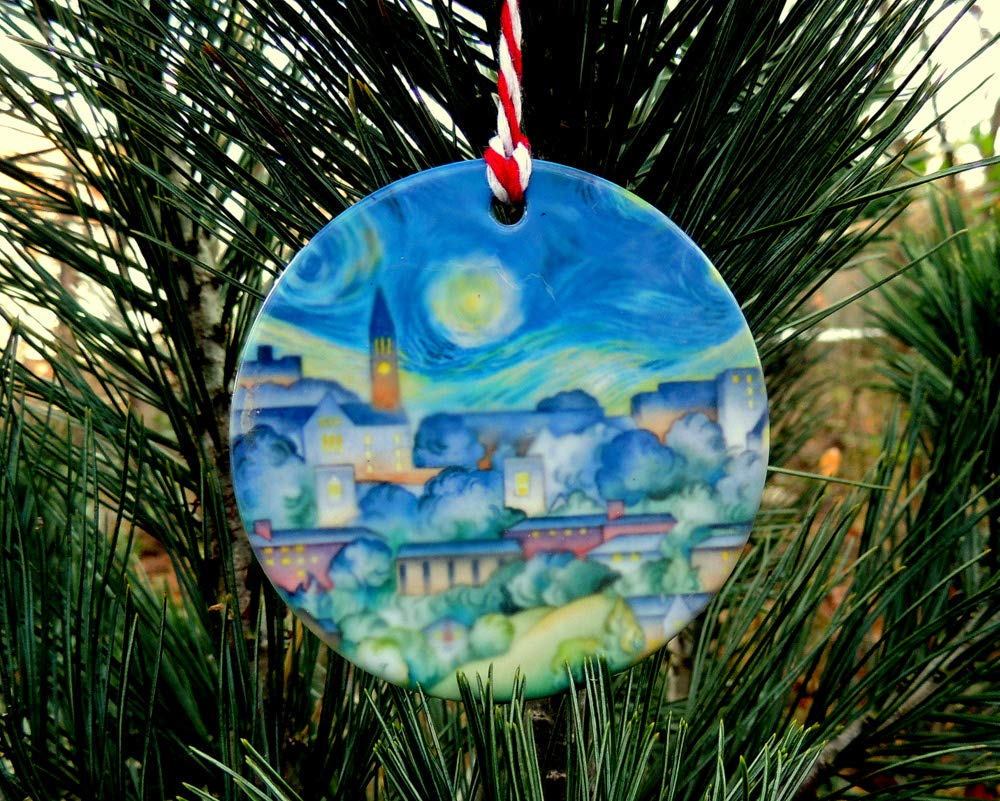 Front and back watercolor scenes Cornell campus and Starry Night on ornament