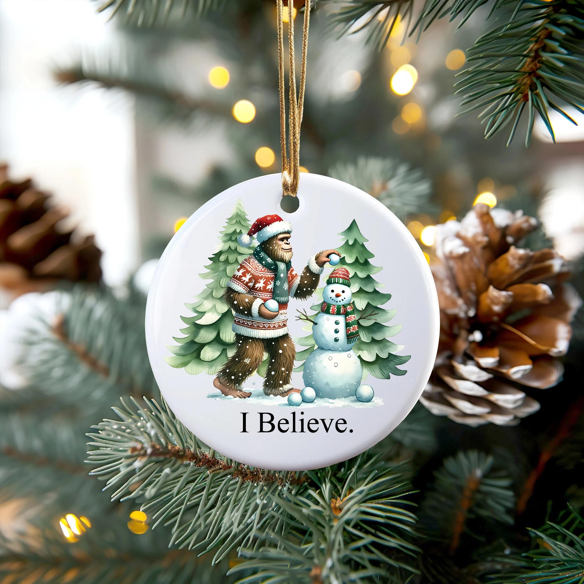 Sasquatch in a festive sweater with snowman ornament among pine trees