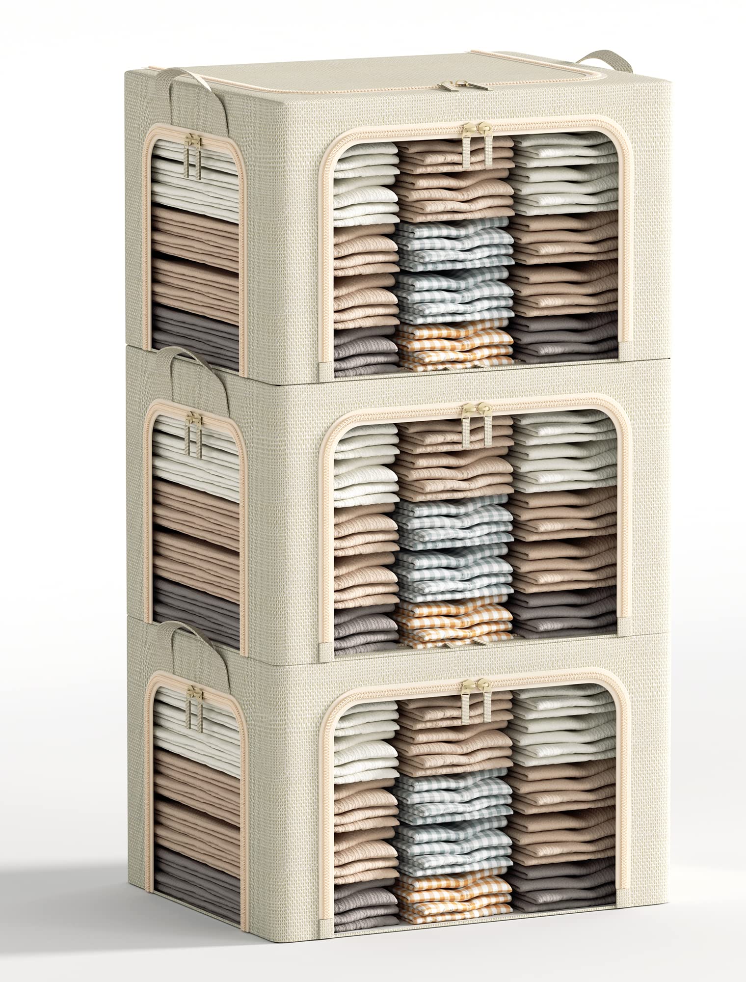 Beige 3-piece linen storage bins with metal frame