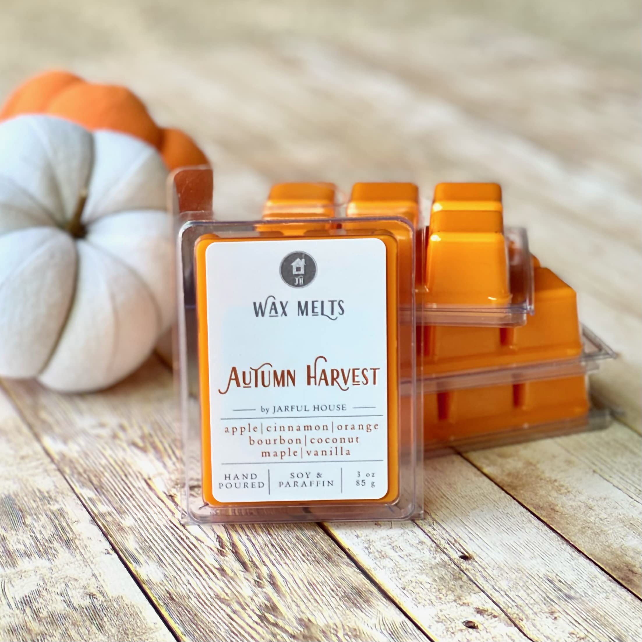 3 oz total weight wax melts in bright orange color