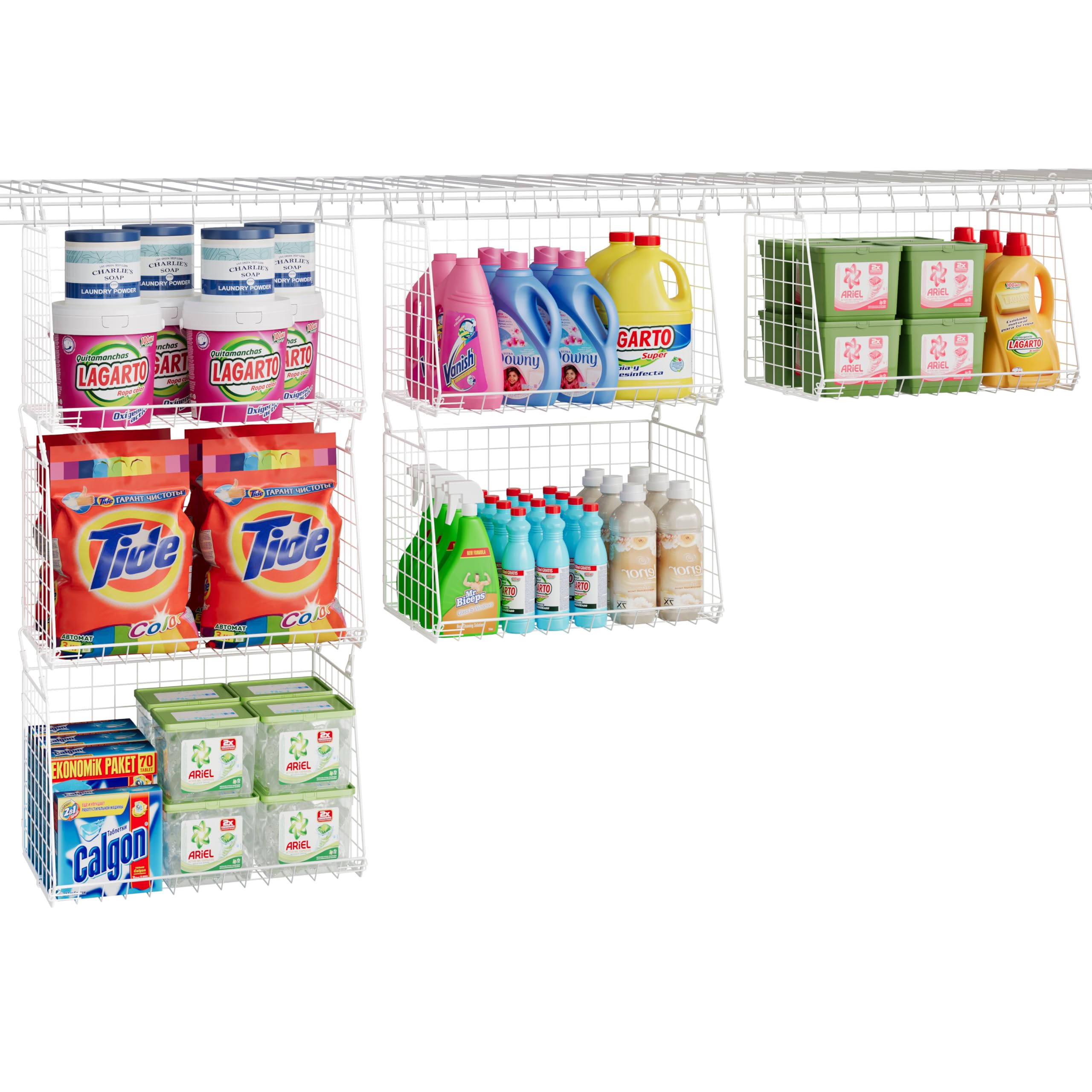 Three baskets in the 3-Pack Large Hanging Laundry Basket attached to wire shelves