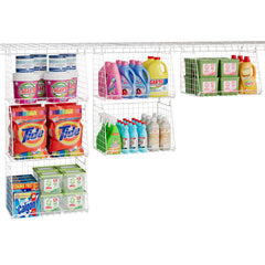Three baskets in the 3-Pack Large Hanging Laundry Basket attached to wire shelves