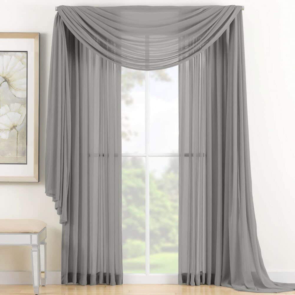 Gray 3 Piece Sheer Panel Curtain Combo Set with 2 panels and 1 scarf curtain