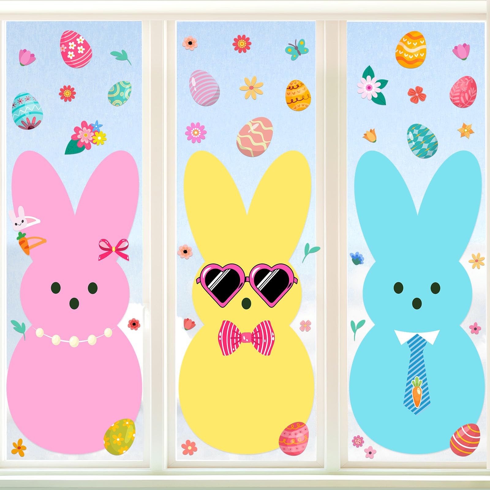 Six pieces of 3 Sheet Extra Large Easter Bunny Window Clings size 29x37 cm on backing