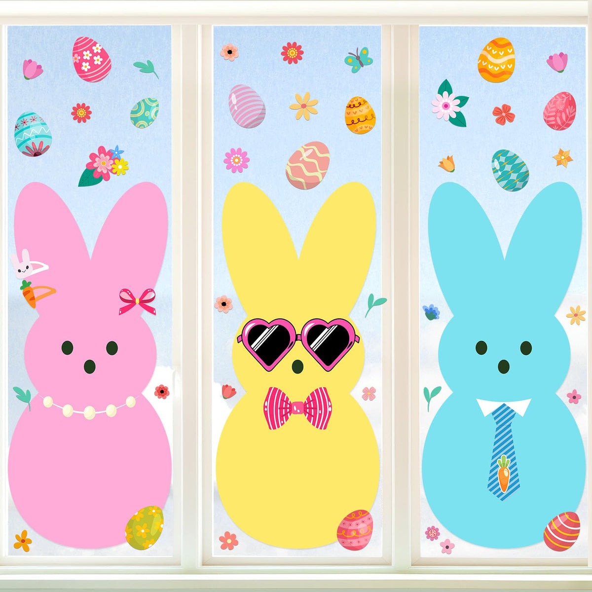 Six pieces of 3 Sheet Extra Large Easter Bunny Window Clings size 29x37 cm on backing