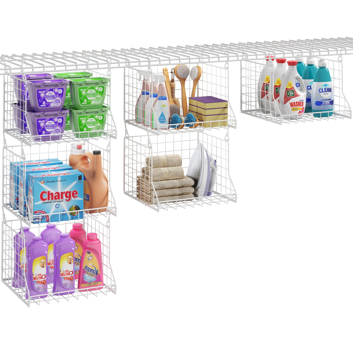 3-tier foldable laundry basket organizer with rotating hooks white