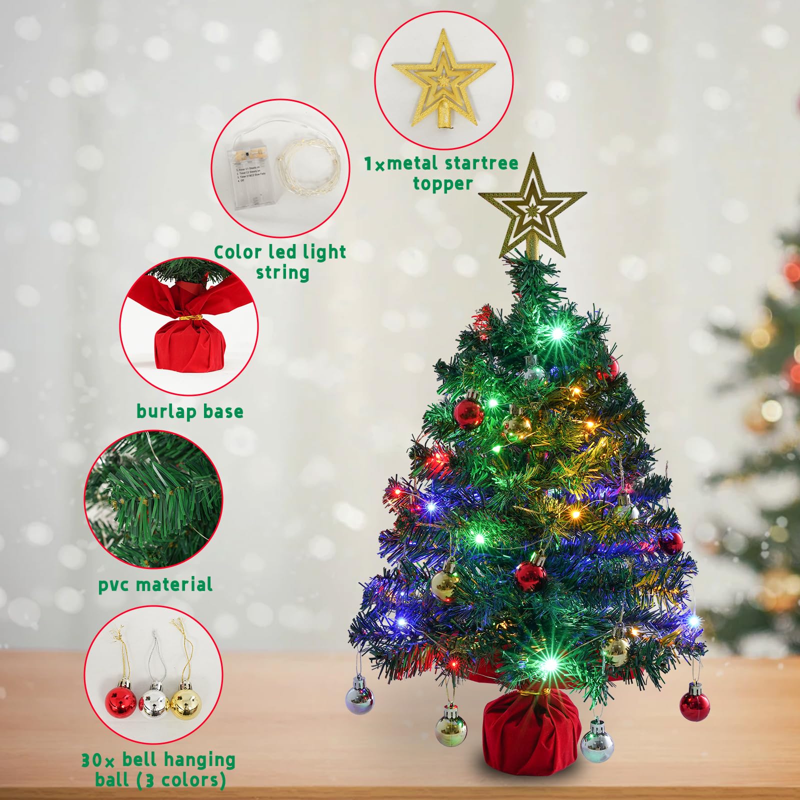 Red ornaments and blue tinsel on mini tabletop Christmas tree