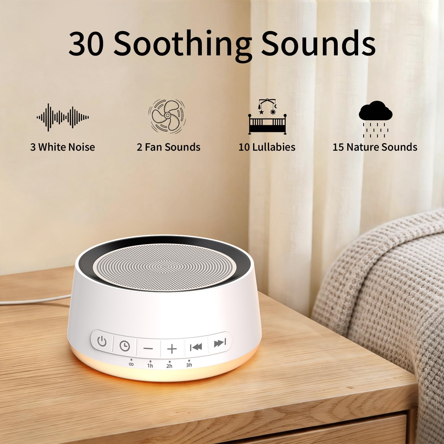 White noise sleep machine with 30 soothing sounds illustration