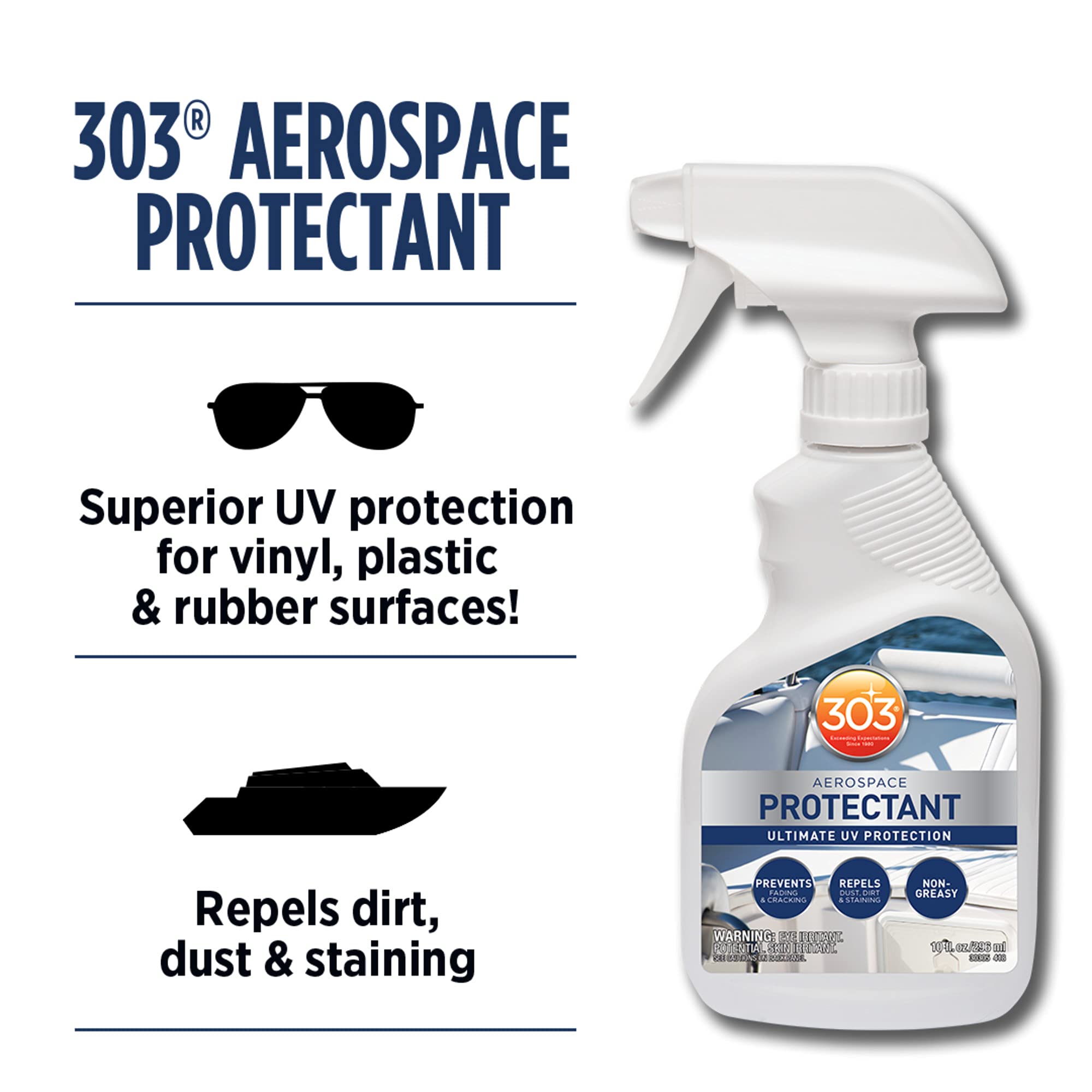 Boat vinyl surface treated with 303 Marine Aerospace Protectant 10 oz