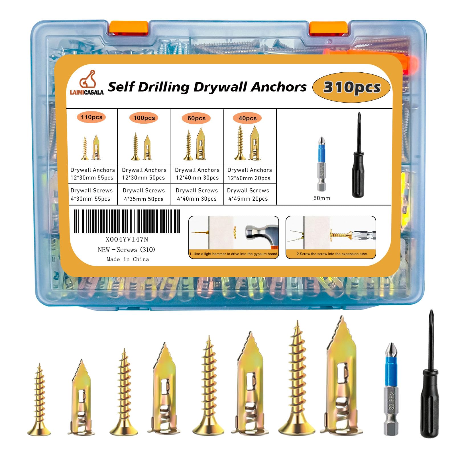 310pcs drywall anchors screws kit in plastic case