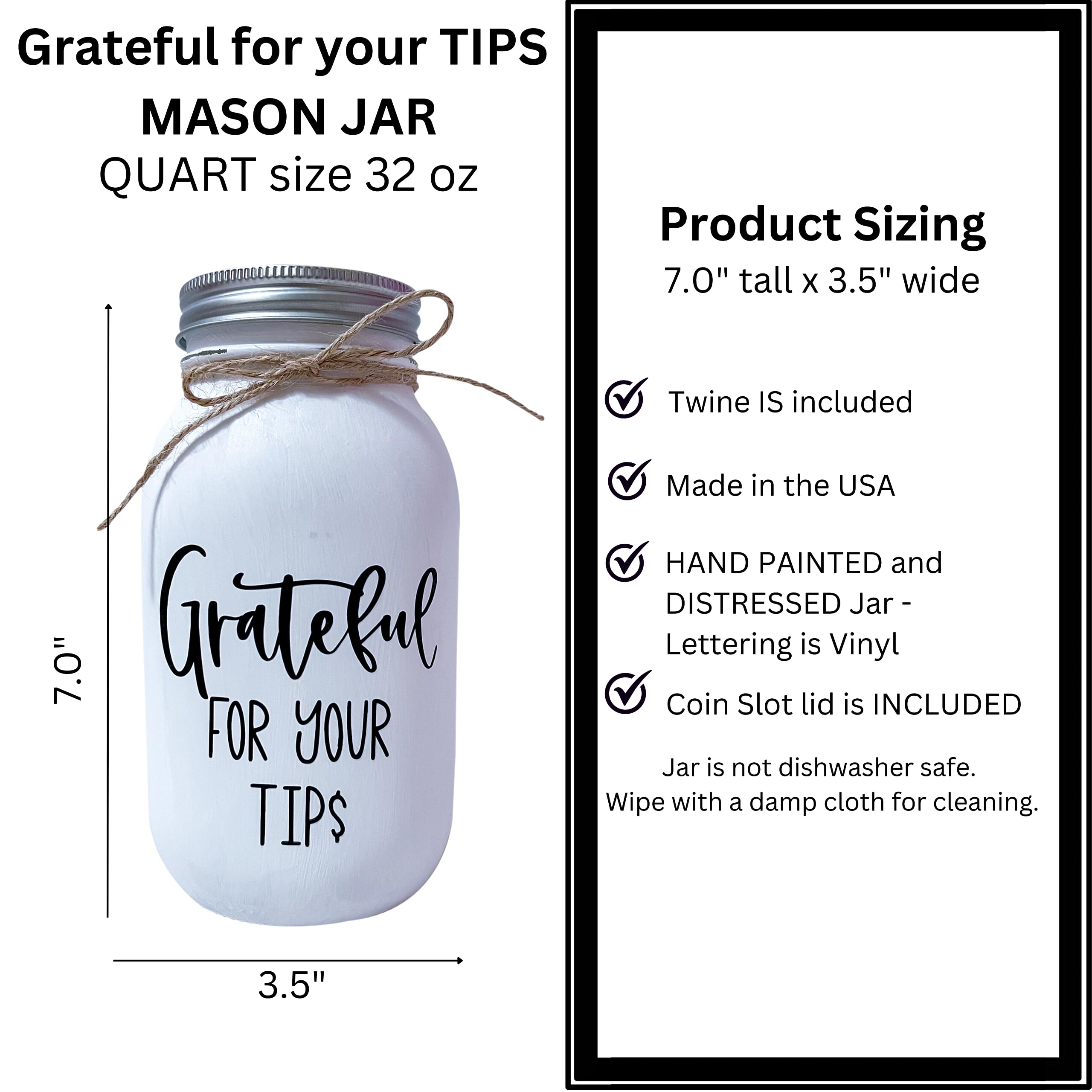 Rustic farmhouse tip jar hand-painted white exterior