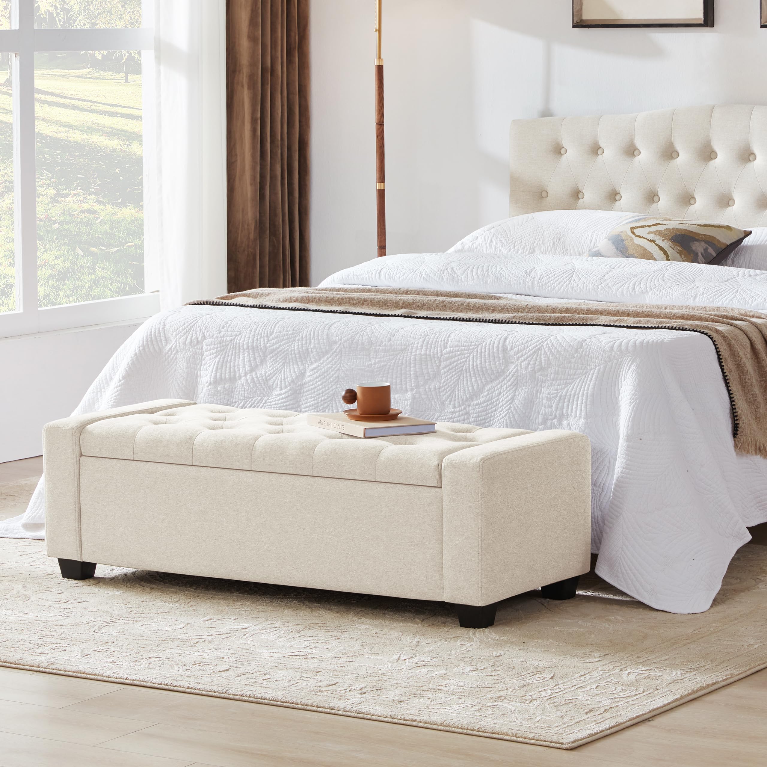 Solid wood framed storage ottoman with square legs