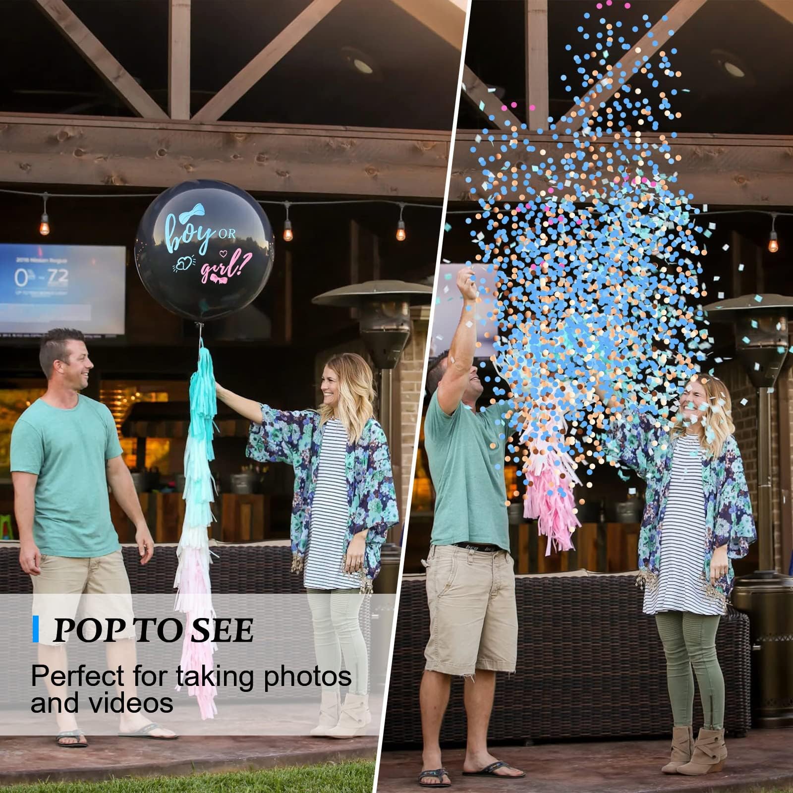 36 inch black gender reveal balloon set ready for photos