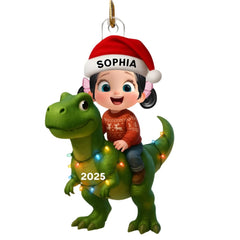 3D effect cartoon girl and boy riding a dinosaur ornament for Christmas tree