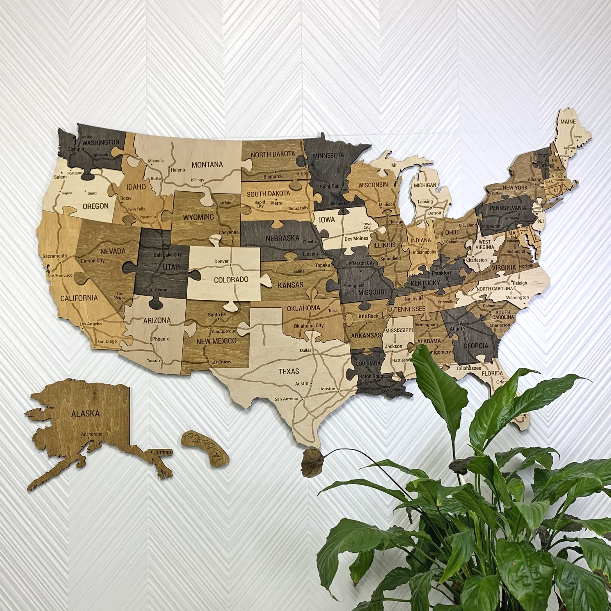 3D USA map puzzle pieces interlocking on wood