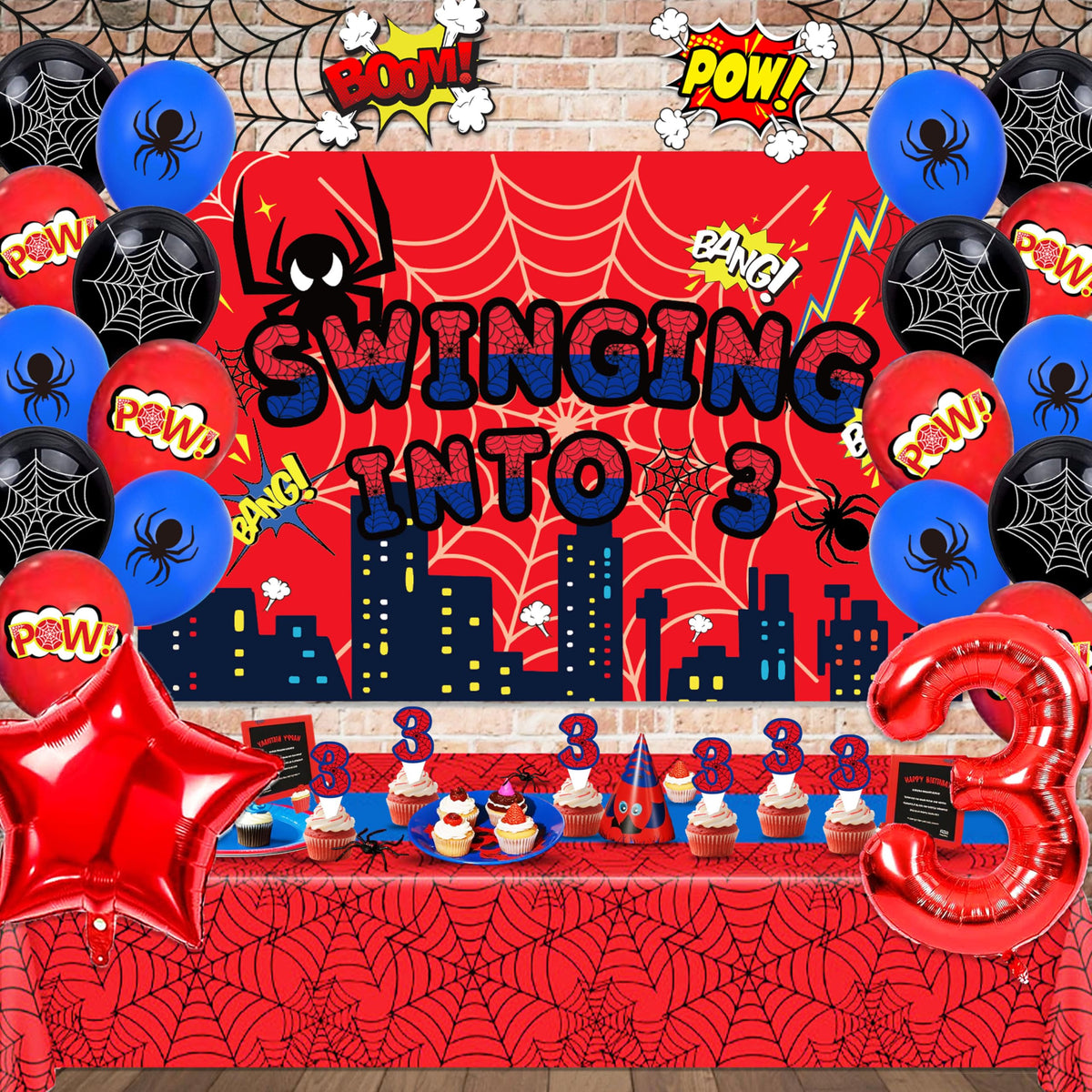 Backdrop with city skyline silhouette and spider web design for 3rd birthday
