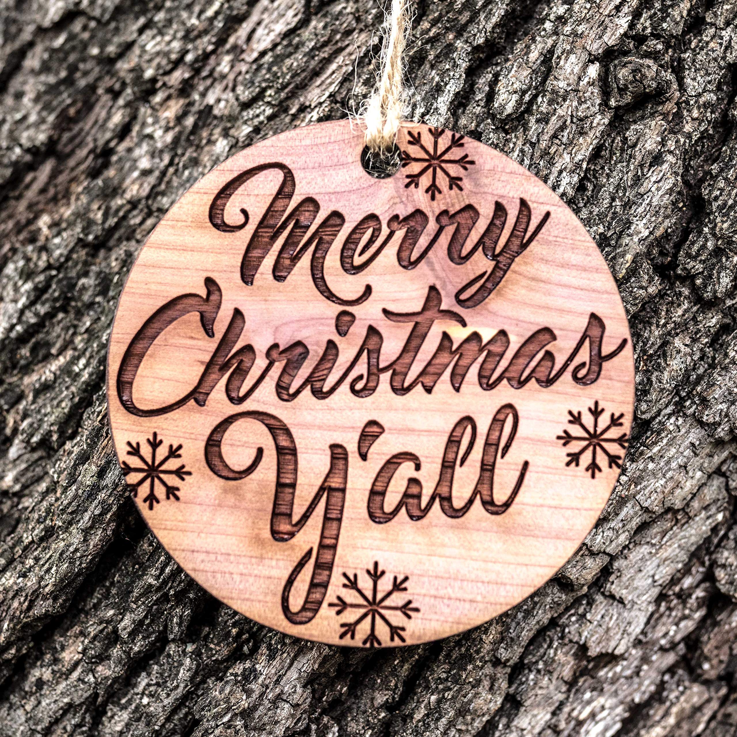 Texas USA designed cedar ornament 3x3in close-up