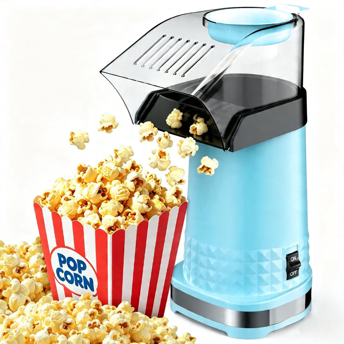 Blue 4.5Qt hot air popcorn popper with butter melting tray and measuring cup