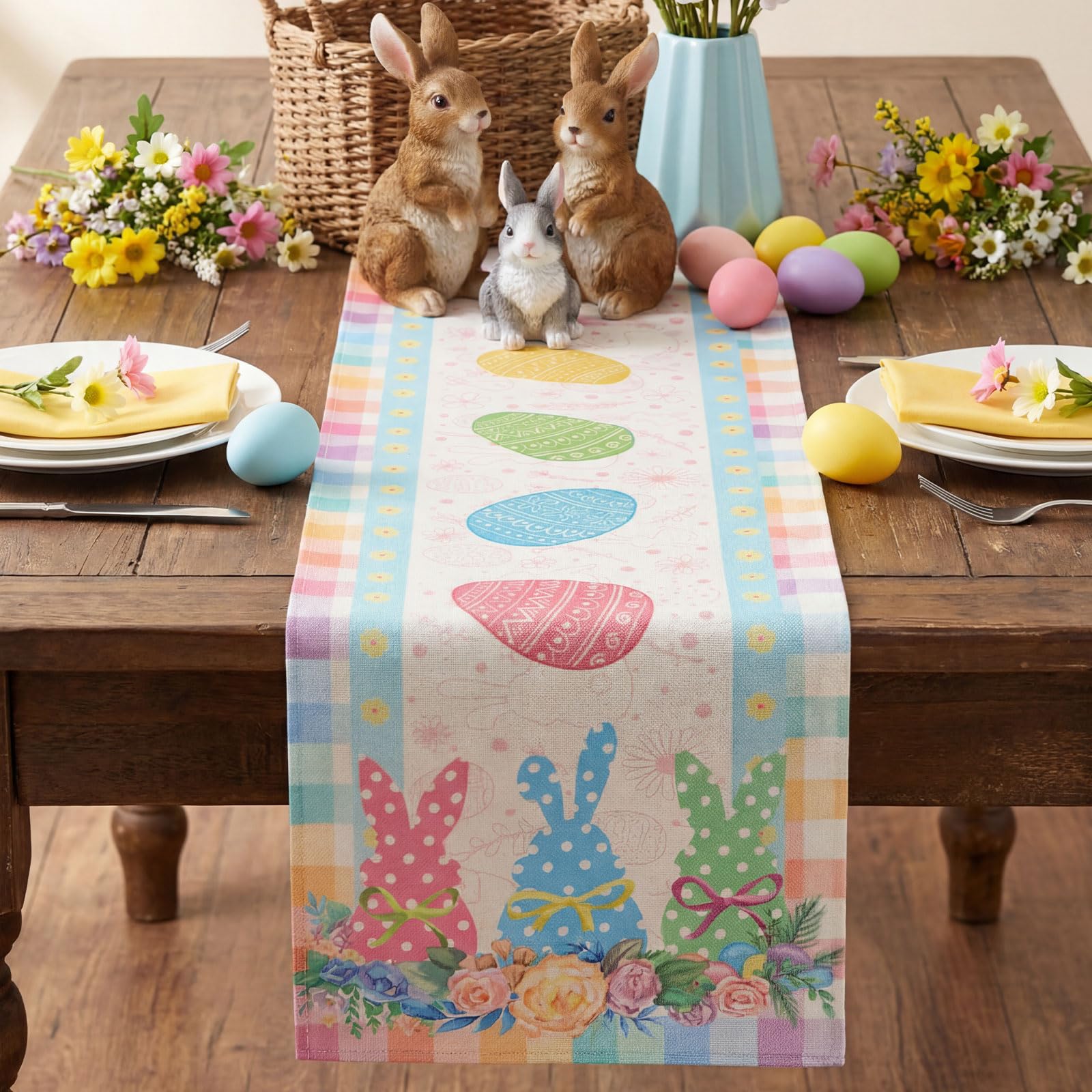 Buffalo plaid bunny eggs Easter runner for home decor