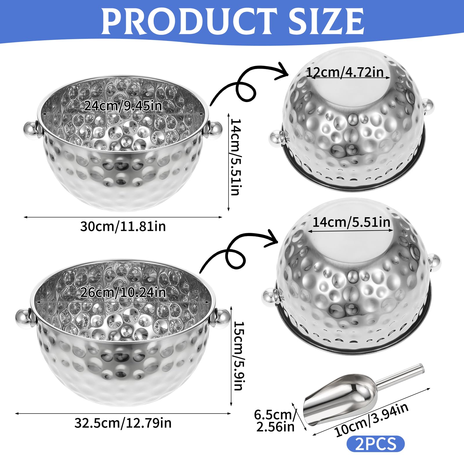 stainless steel ice buckets with ergonomic 4-inch scoops