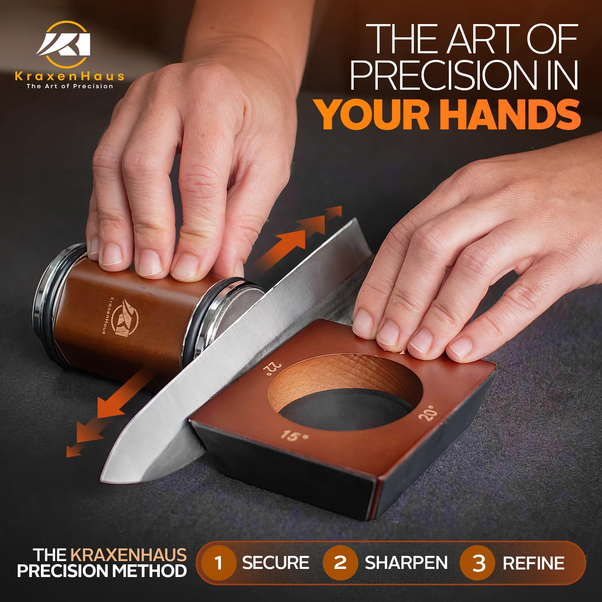 Knife being sharpened at 4 angles on rolling stand