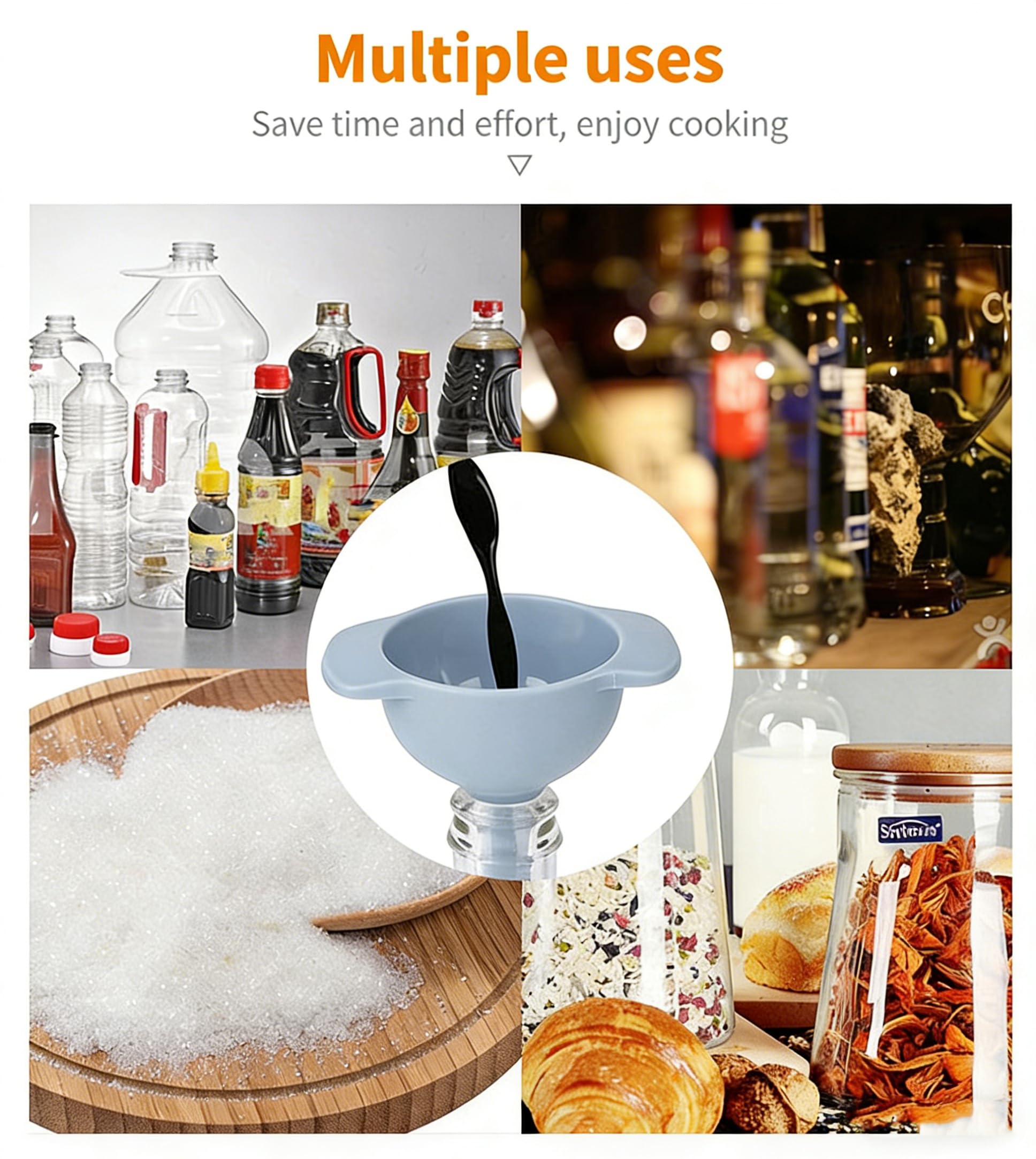 4-in-1 kitchen funnel set with three sizes and removable strainer