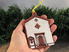 4 by 2.5 inch mission ornament with name and founding date