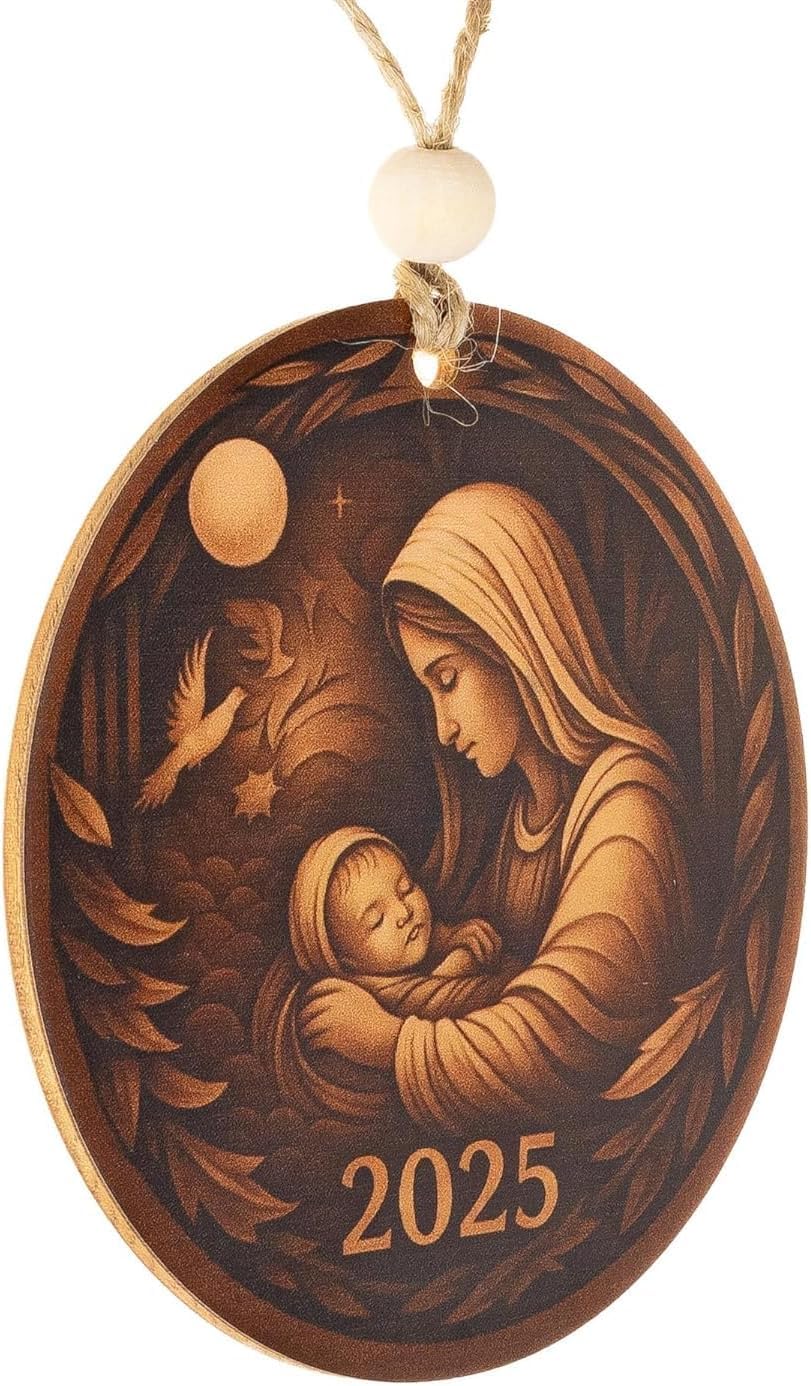 4-inch wooden nativity ornament ready for tree display