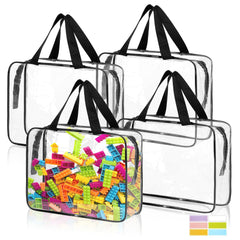 Four pack toy storage bags shown with visibility through clear PVC material