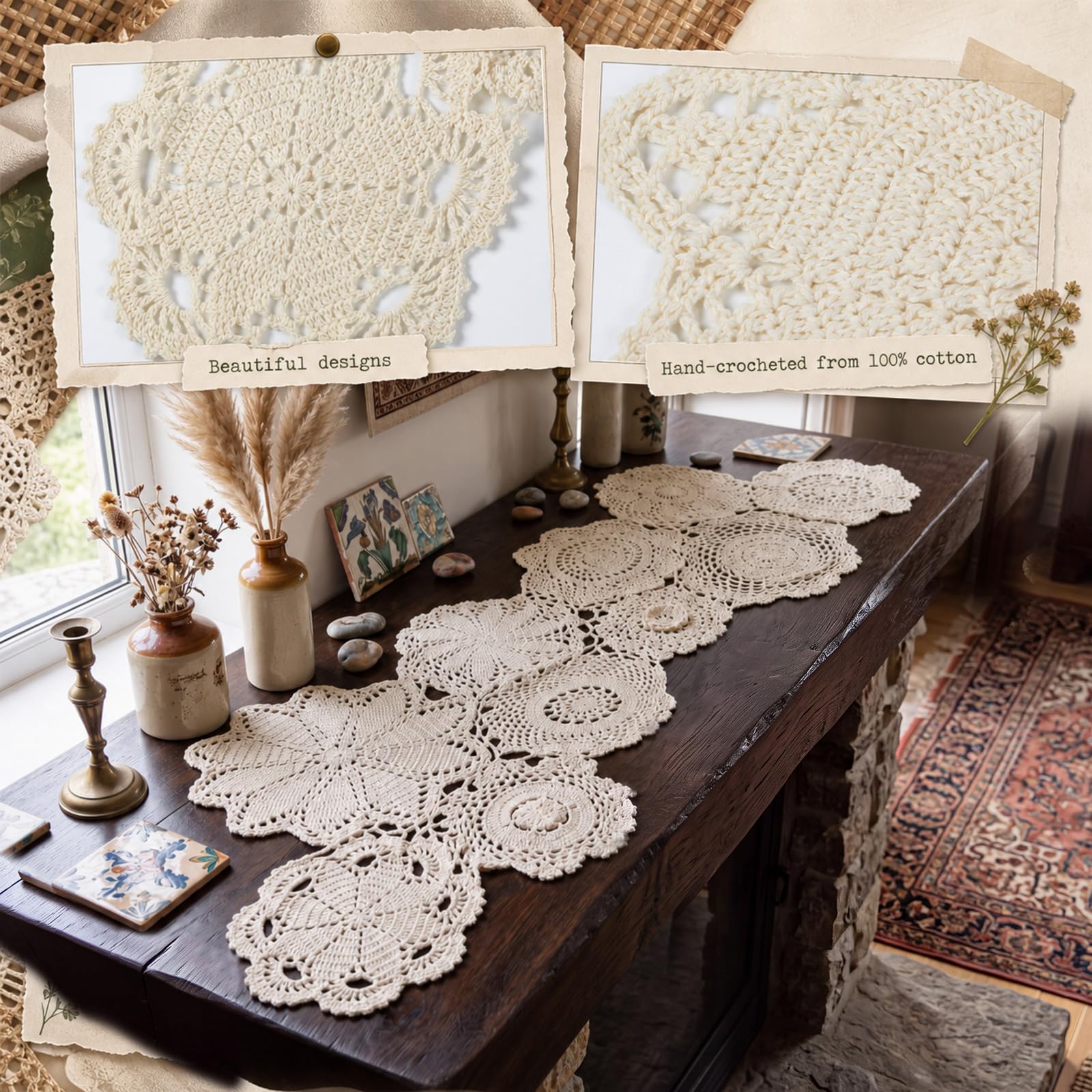 40 inch beige crochet lace table runner on wooden surface