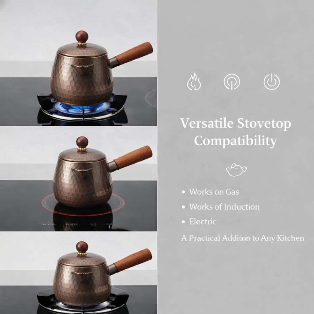 Stovetop compatible copper tea kettle on burner
