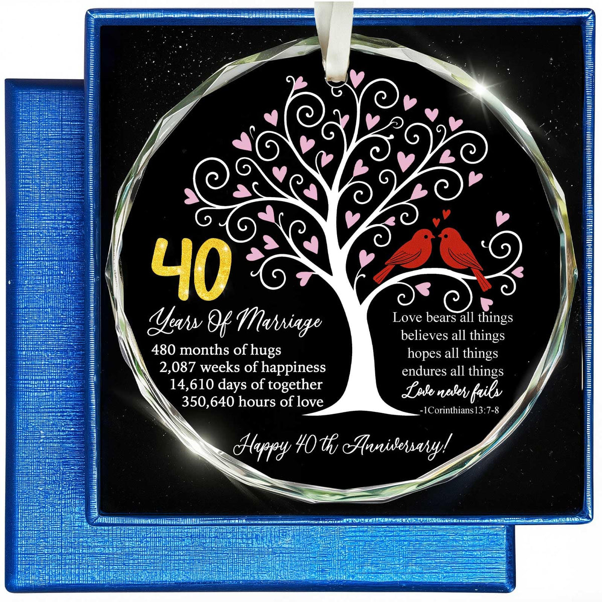 40th wedding anniversary glass ornament with love tree and birds