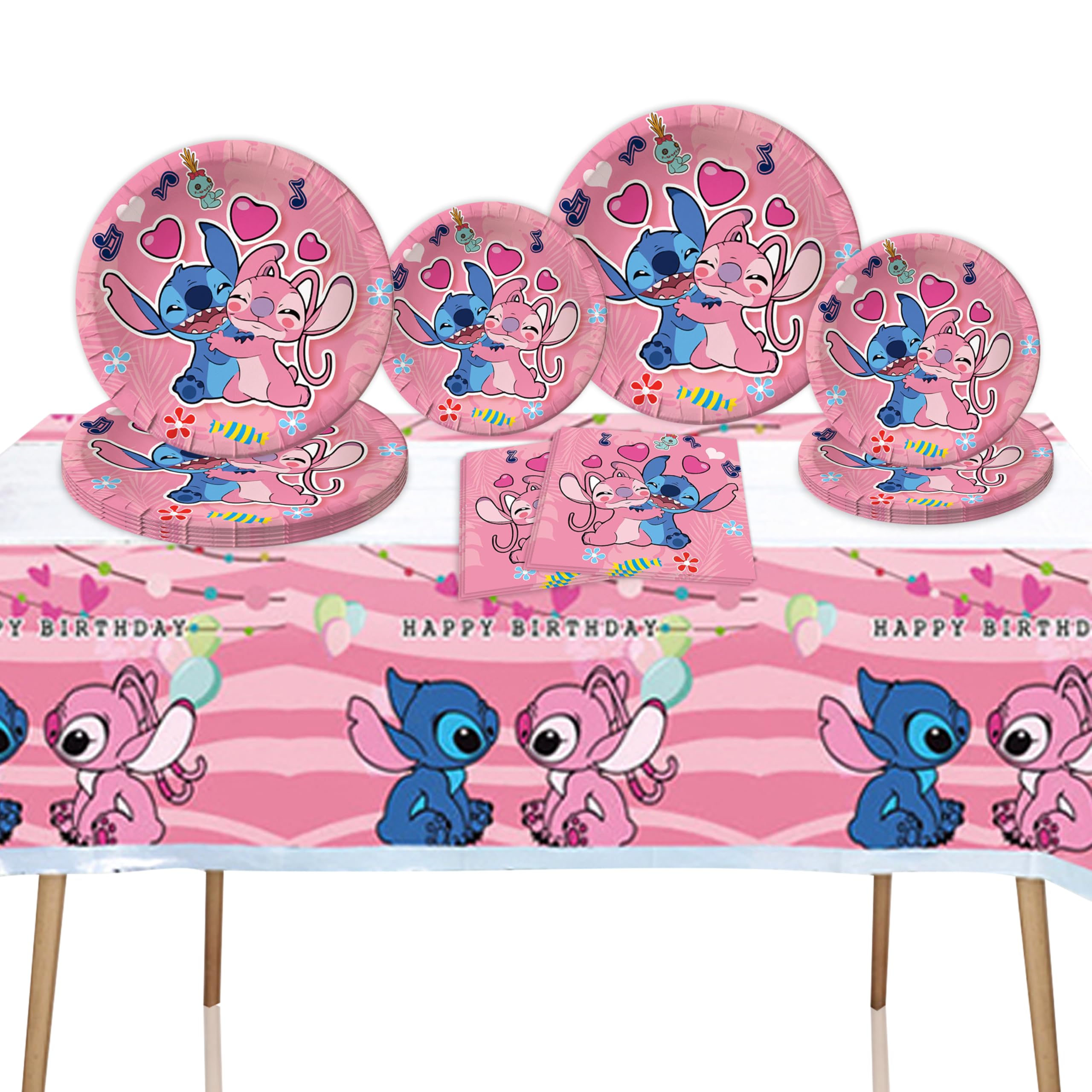 41pcs pink stitch party set packaging showing plates napkins and tablecover