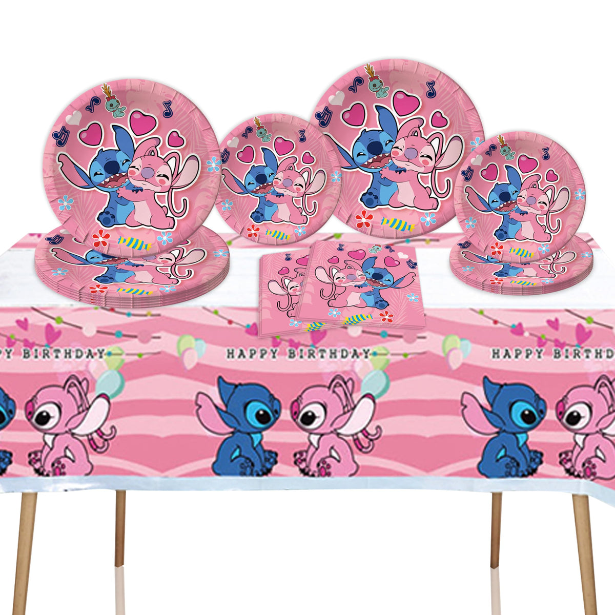 41pcs pink stitch party set packaging showing plates napkins and tablecover