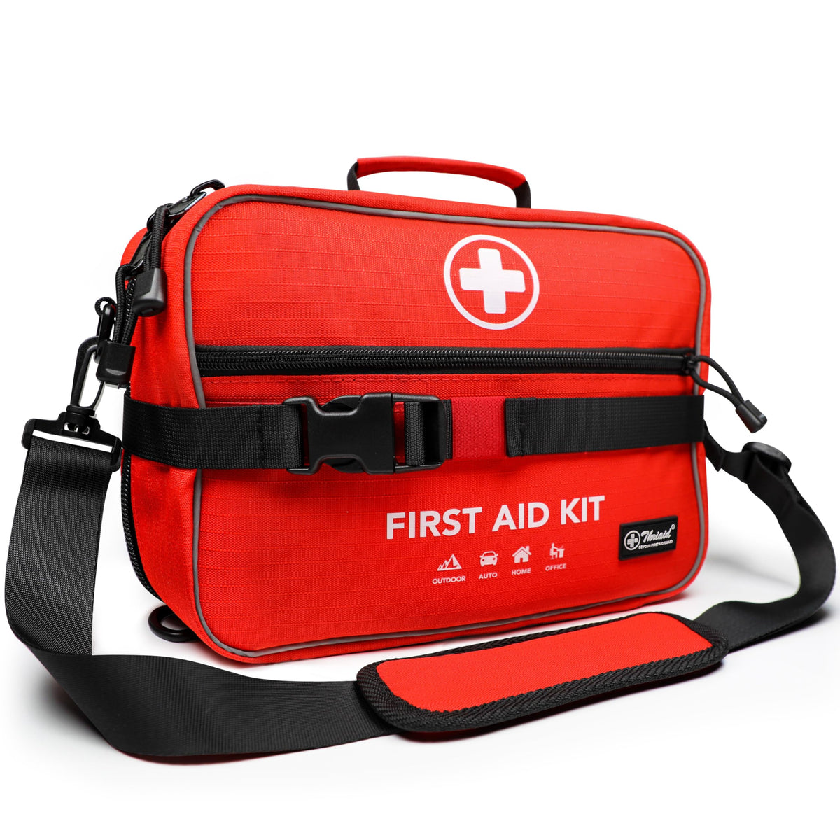 430 piece first aid kit interior with labeled pockets
