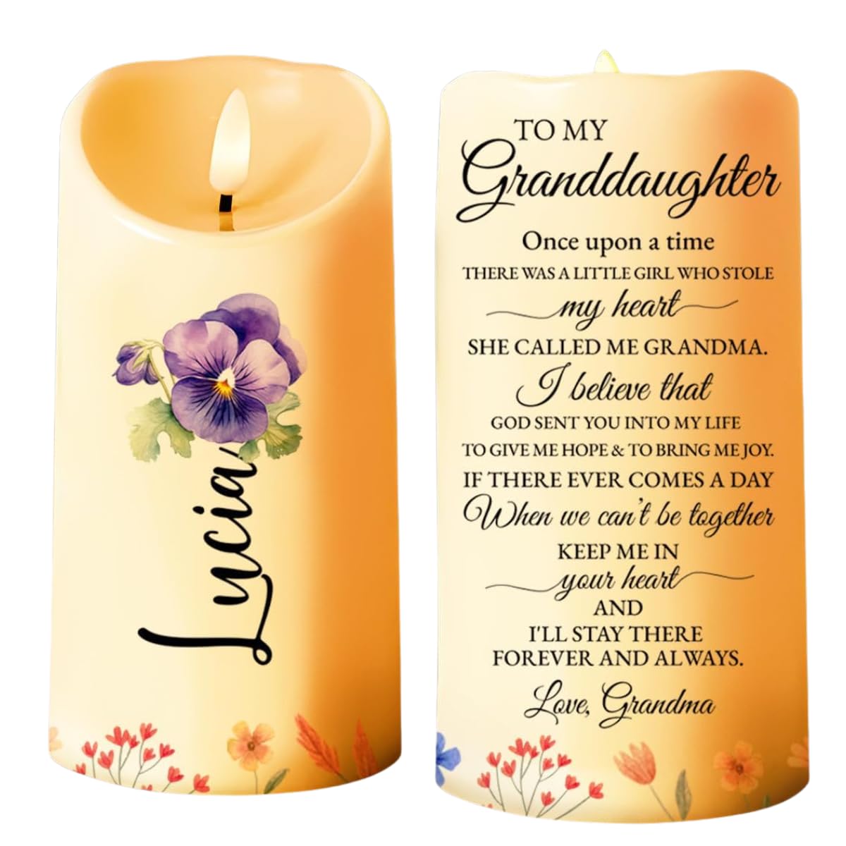 43Lotus grandma LED candle with floral design and personalized message