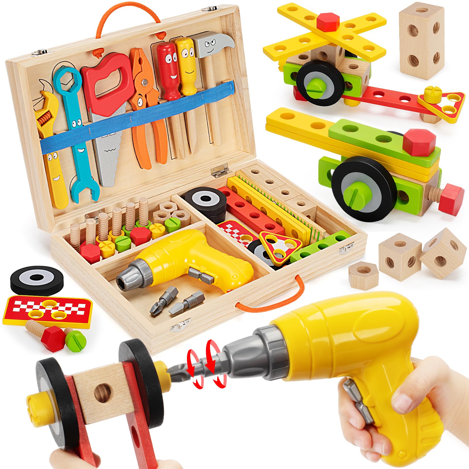 44 piece Toddler Tool Set in portable wooden box for kids ages 3-5