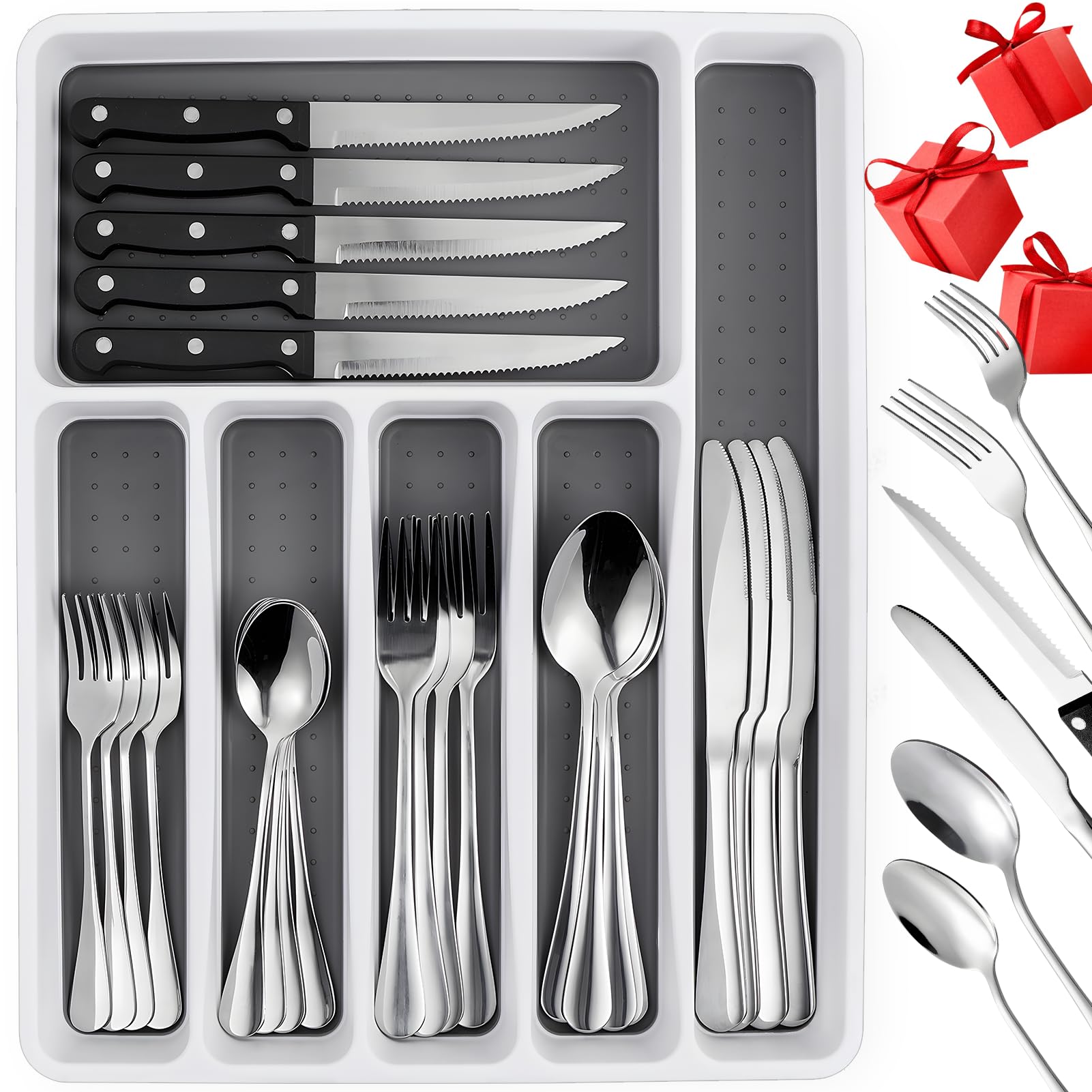 49 piece silverware set for 8 with organizer in stainless steel
