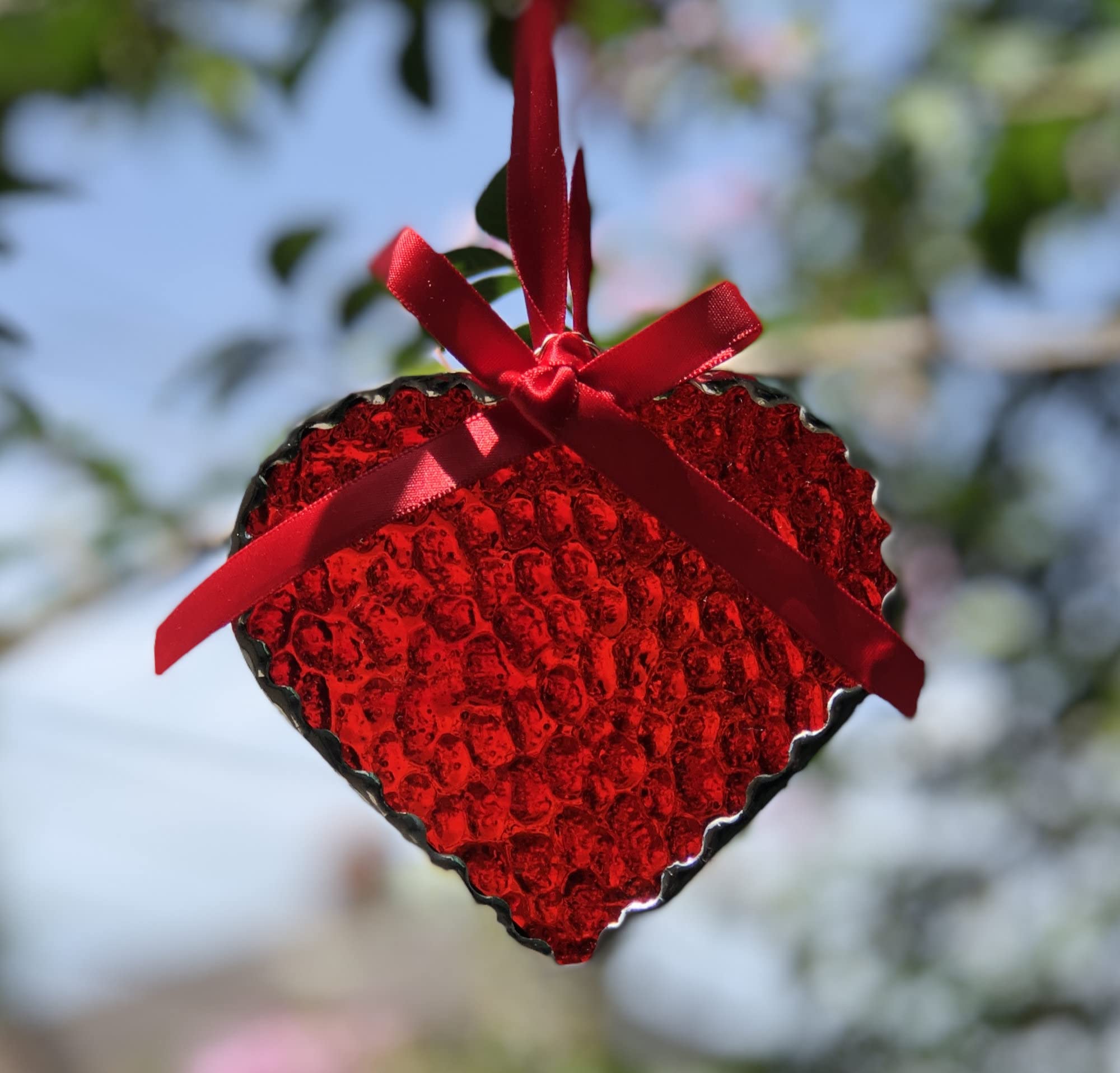 4x4 inch handmade Texas red glass heart suncatcher