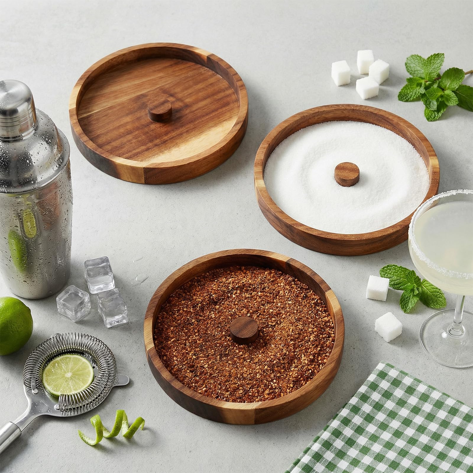 Acacia wood margarita trays designed for salt sugar or Tajin rims