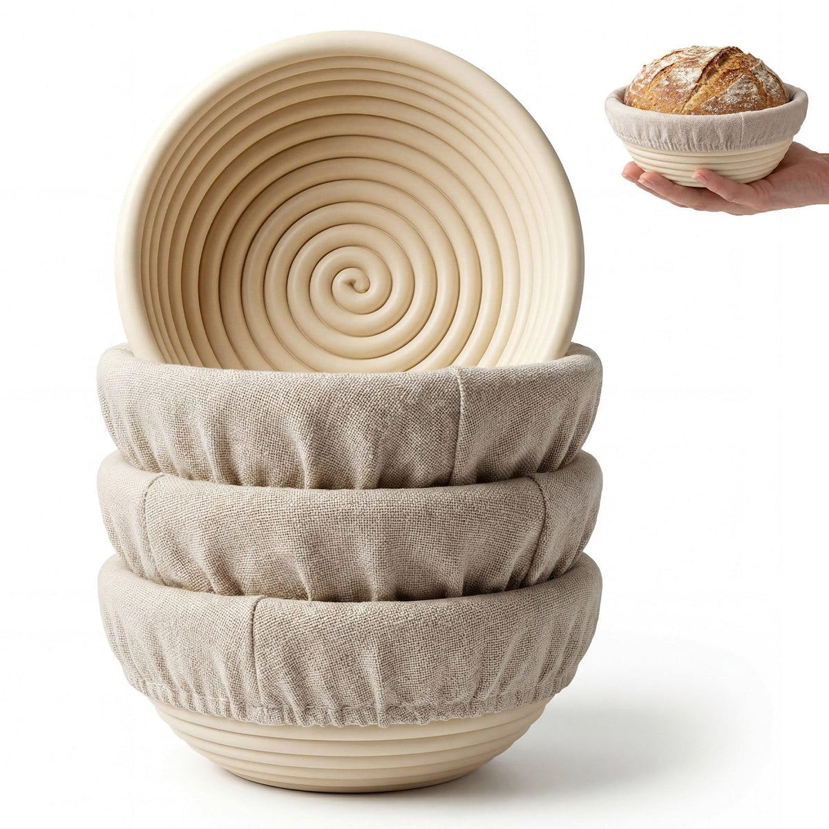 5-inch mini banneton bread broofing basket set of 4 with linen liners