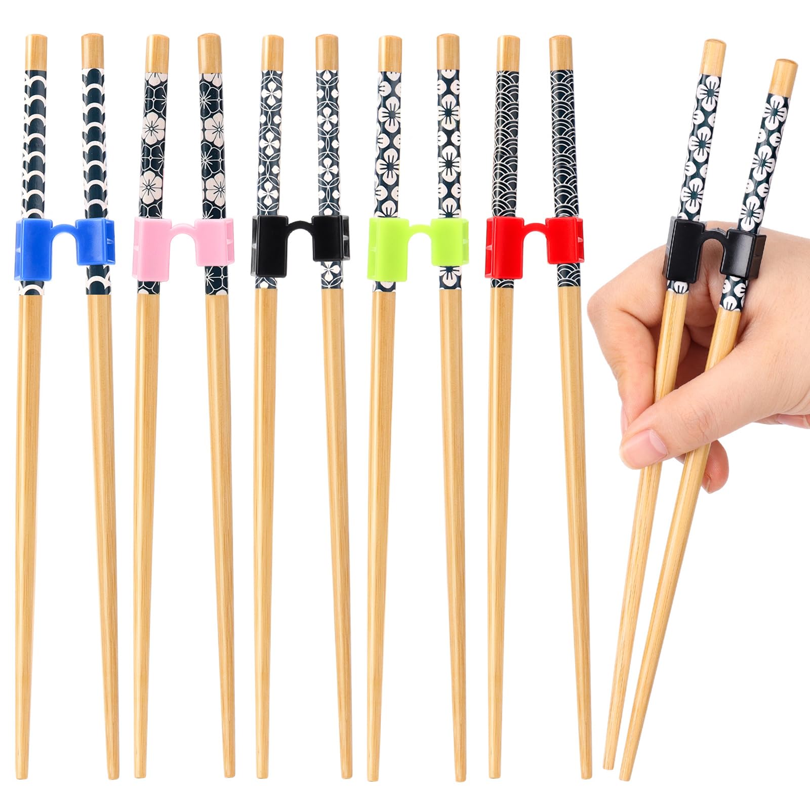 Five pairs of wooden training chopsticks in distinct Japanese styles for practice
