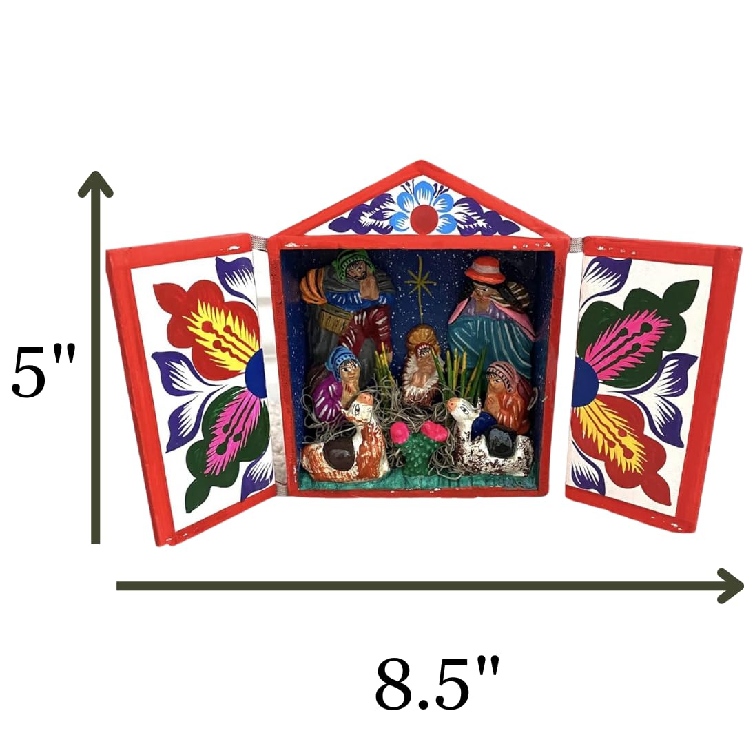 nativity scene open display showing holy family in folding wood box