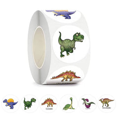Roll of 500Pcs Dinosaur Stickers featuring 1-inch round dinosaur designs