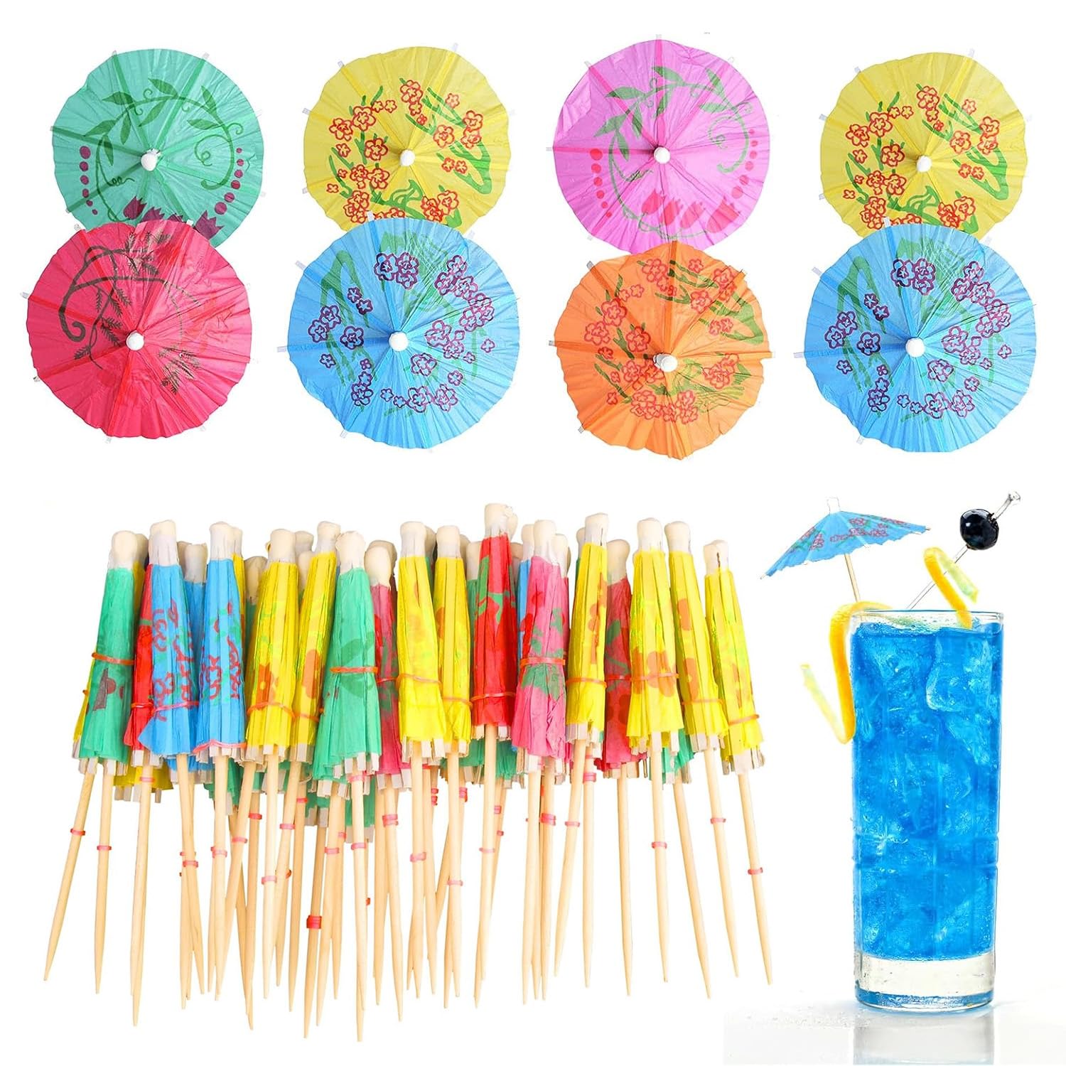 50PCS Cocktail Umbrellas Picks with colorful 4-in paper umbrellas on wooden toothpicks