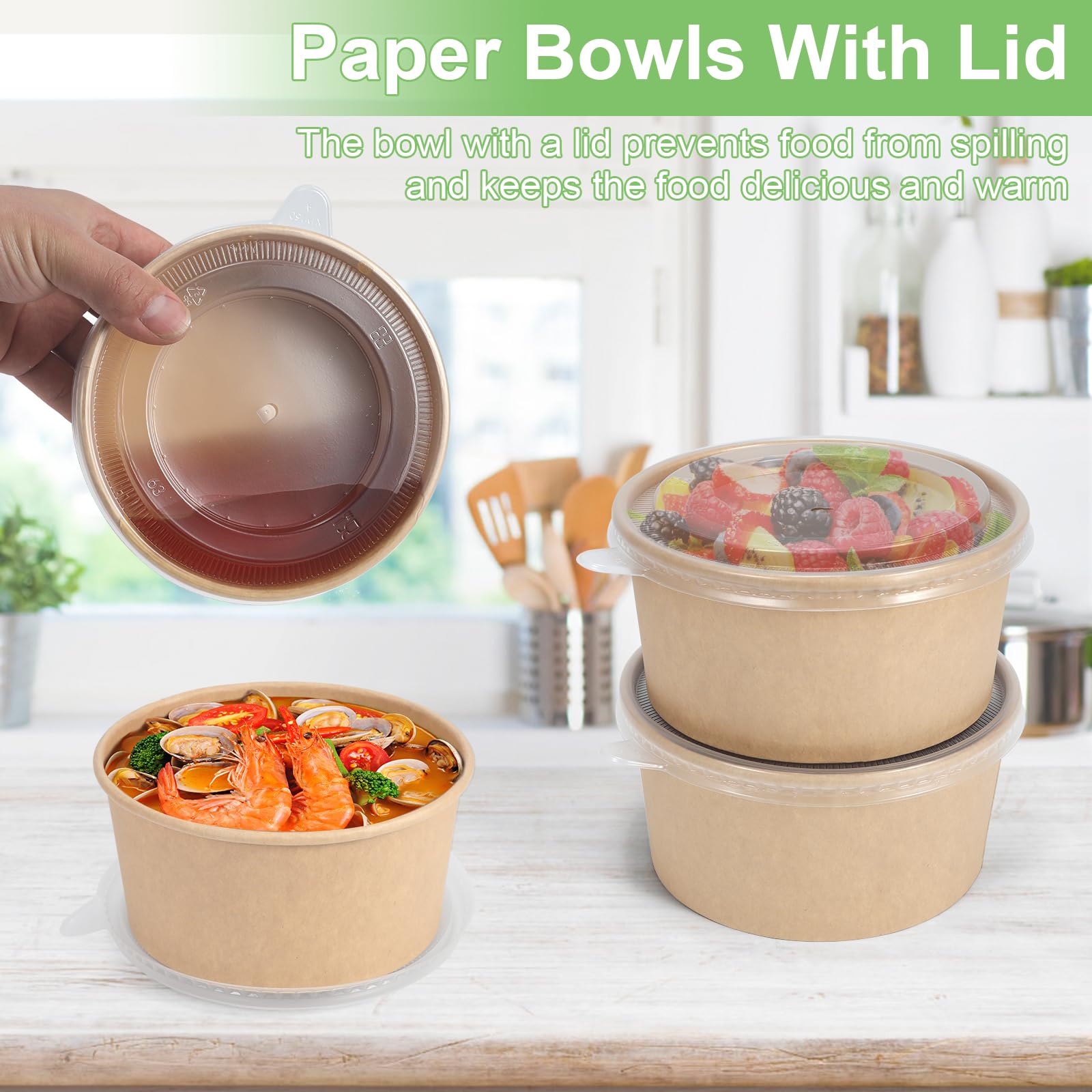 Eco-friendly paper bowls with lids for takeout and meals