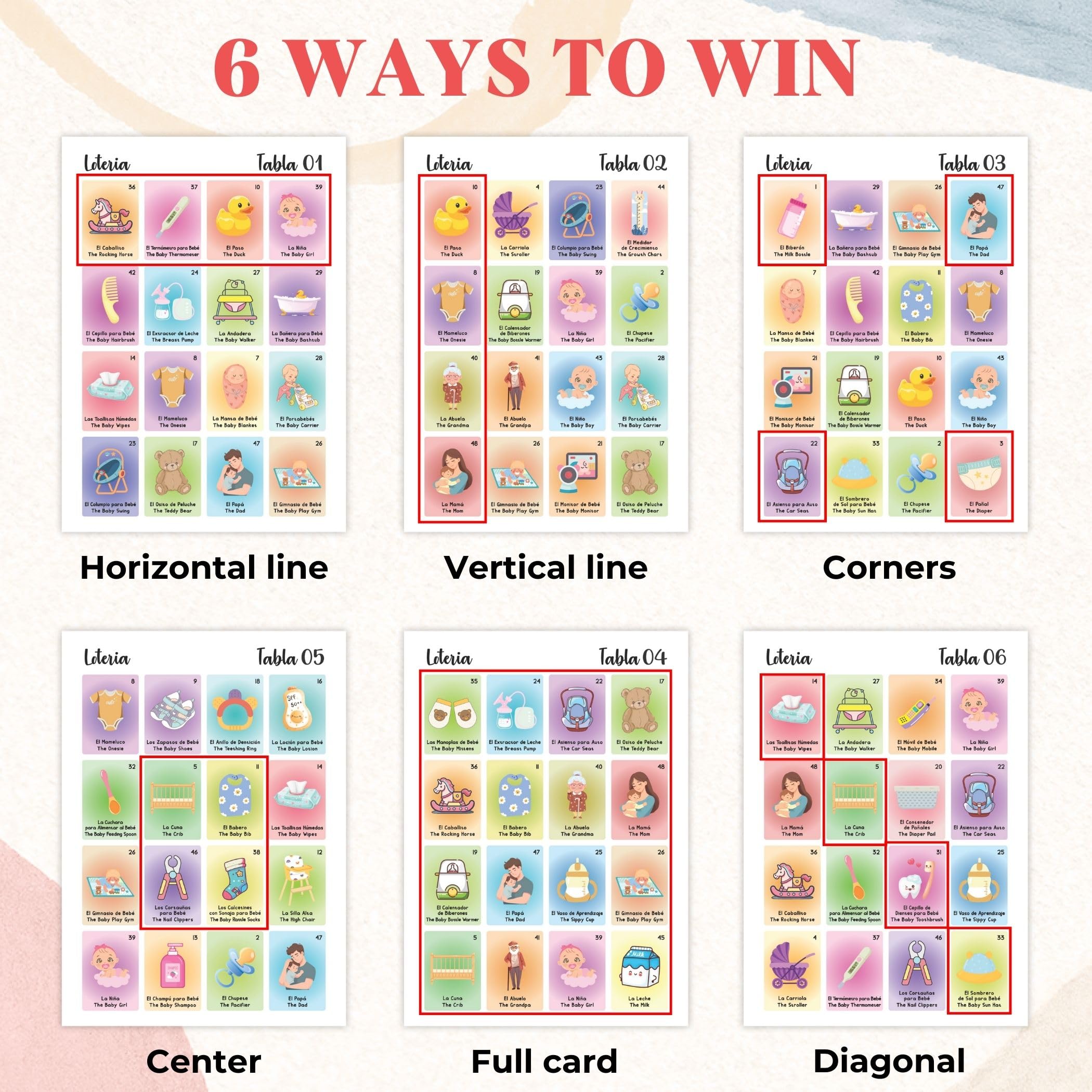 54 bilingual calling cards for baby shower loteria