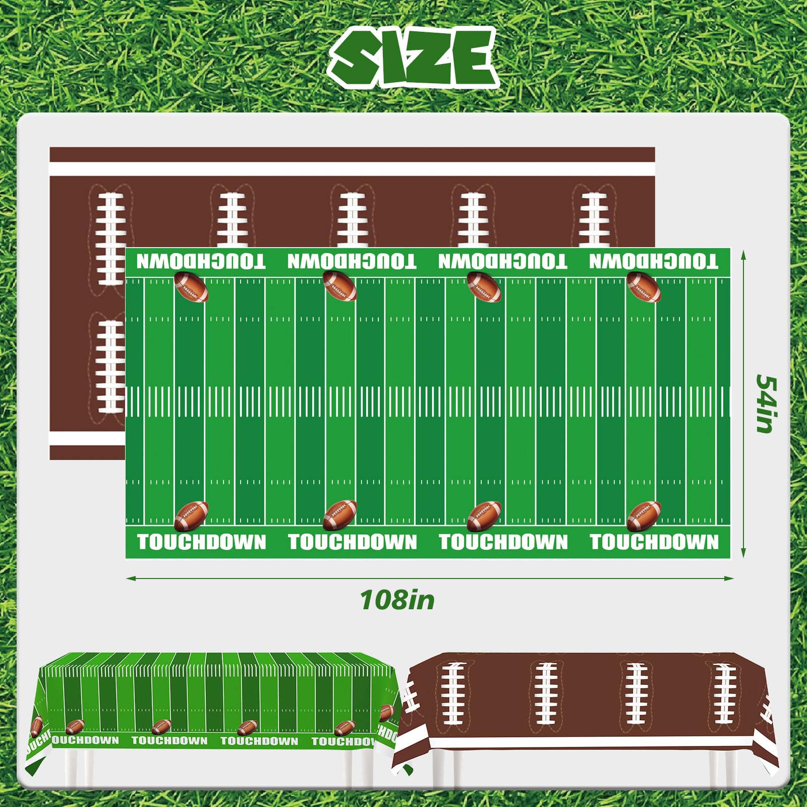 Two-pack green and brown disposable football tablecloths