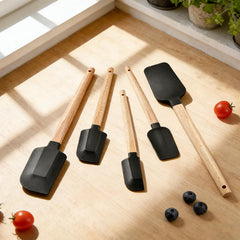 ergonomic walnut wood handle spatula close up