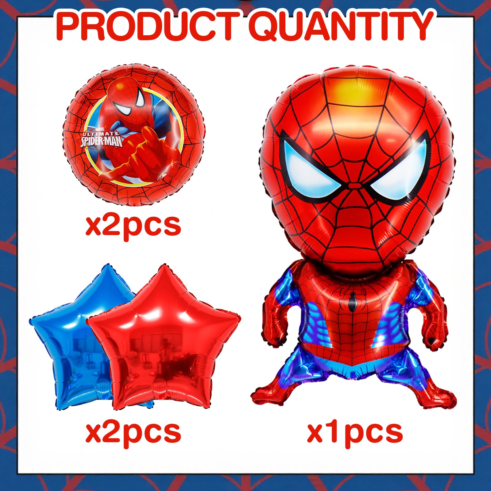 5Pcs Spider Hero Theme Balloons including star and round shapes